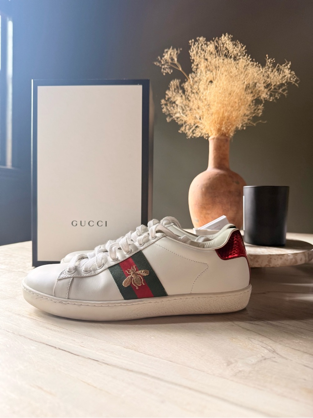 Gucci White Leather Low-Top Sneakers with Red/Green Web & Gold Bee